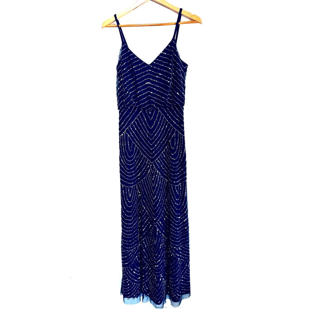 Adrianna papell maxi slip dress sequin party navy blue wedding formal women 8New